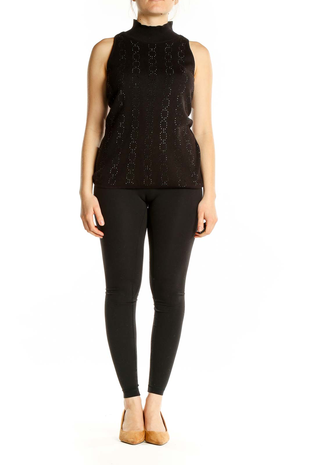 Front view of Black Sparkly Sleeveless Turtleneck Top from White House Black Market