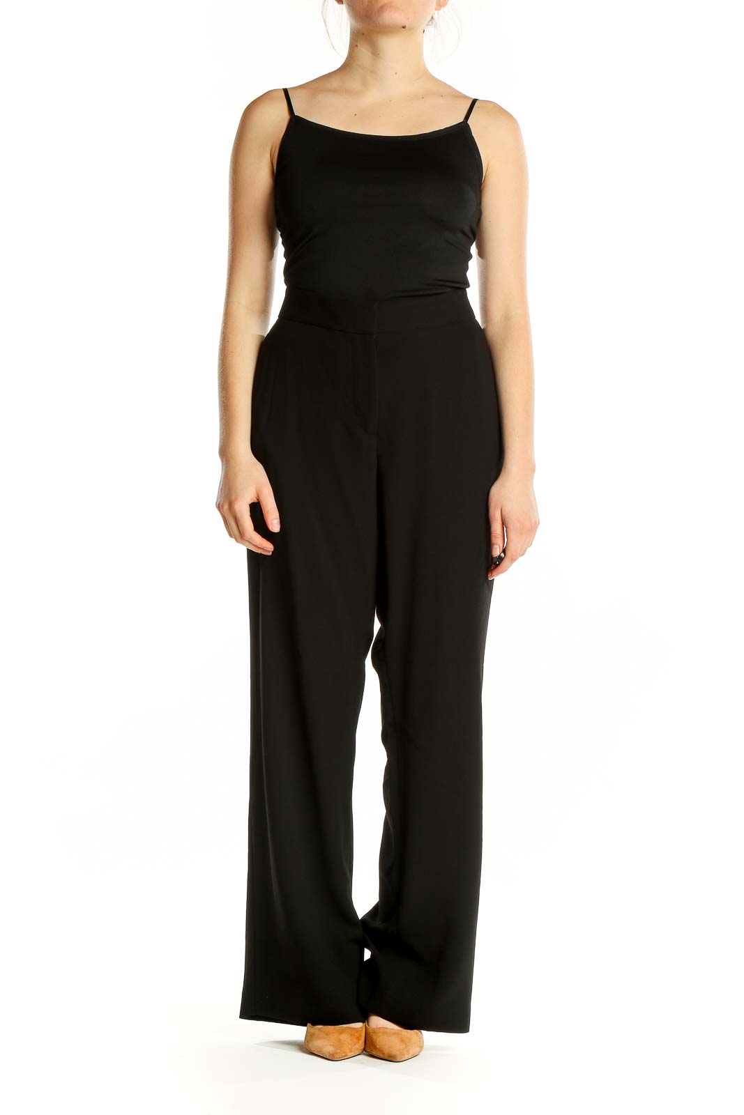 Front view of Talbots black wide-leg polyester pants on model