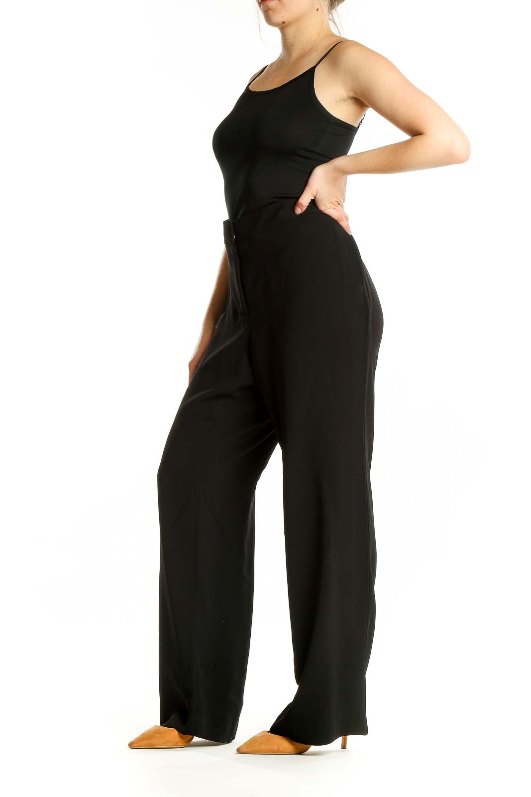 Front view of Talbots black wide-leg polyester pants on model