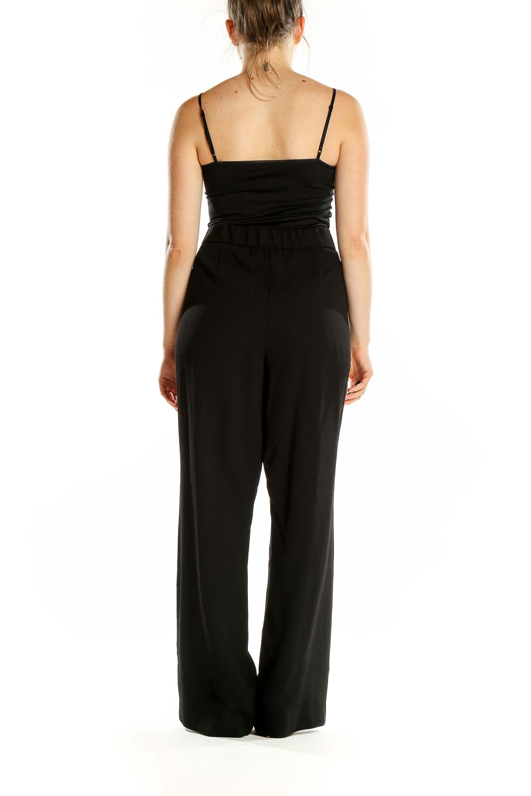 Back view of Talbots black wide-leg polyester pants on model