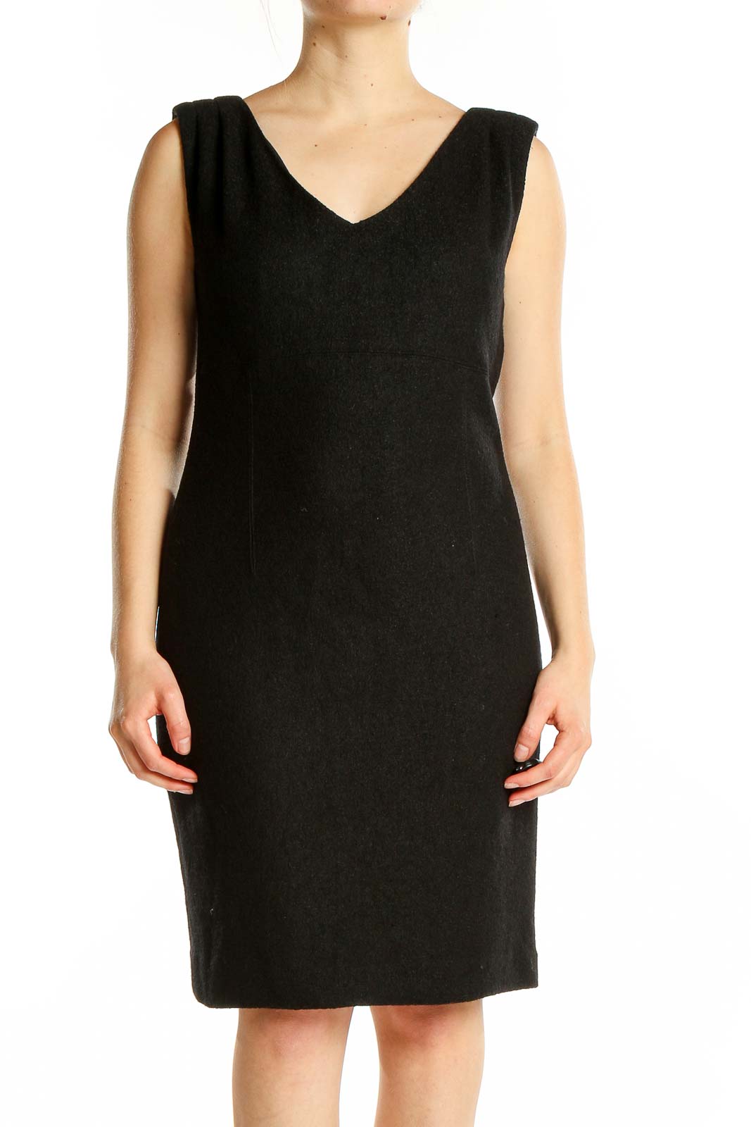 Front view of Banana Republic black V-neck sleeveless sheath dress