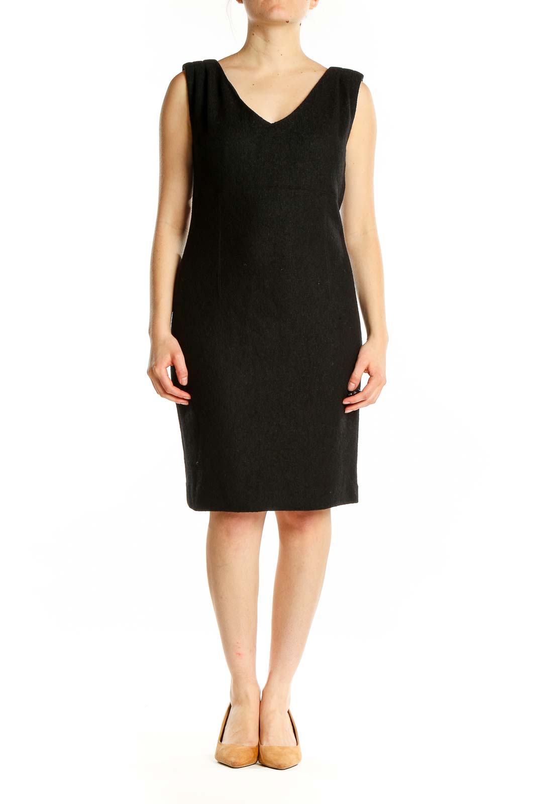 Front view of Banana Republic black V-neck sleeveless sheath dress