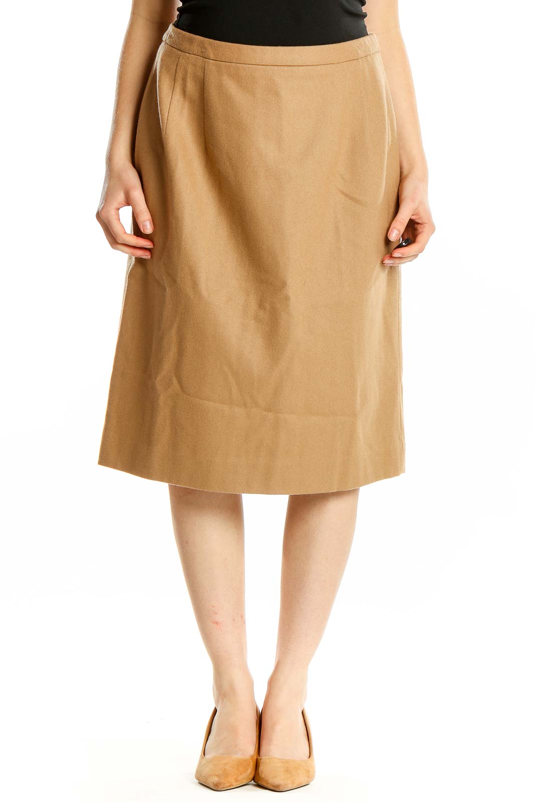 Front view of Pendleton camel virgin wool A-line midi skirt