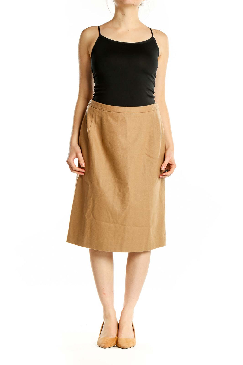 Front view of Pendleton camel virgin wool A-line midi skirt