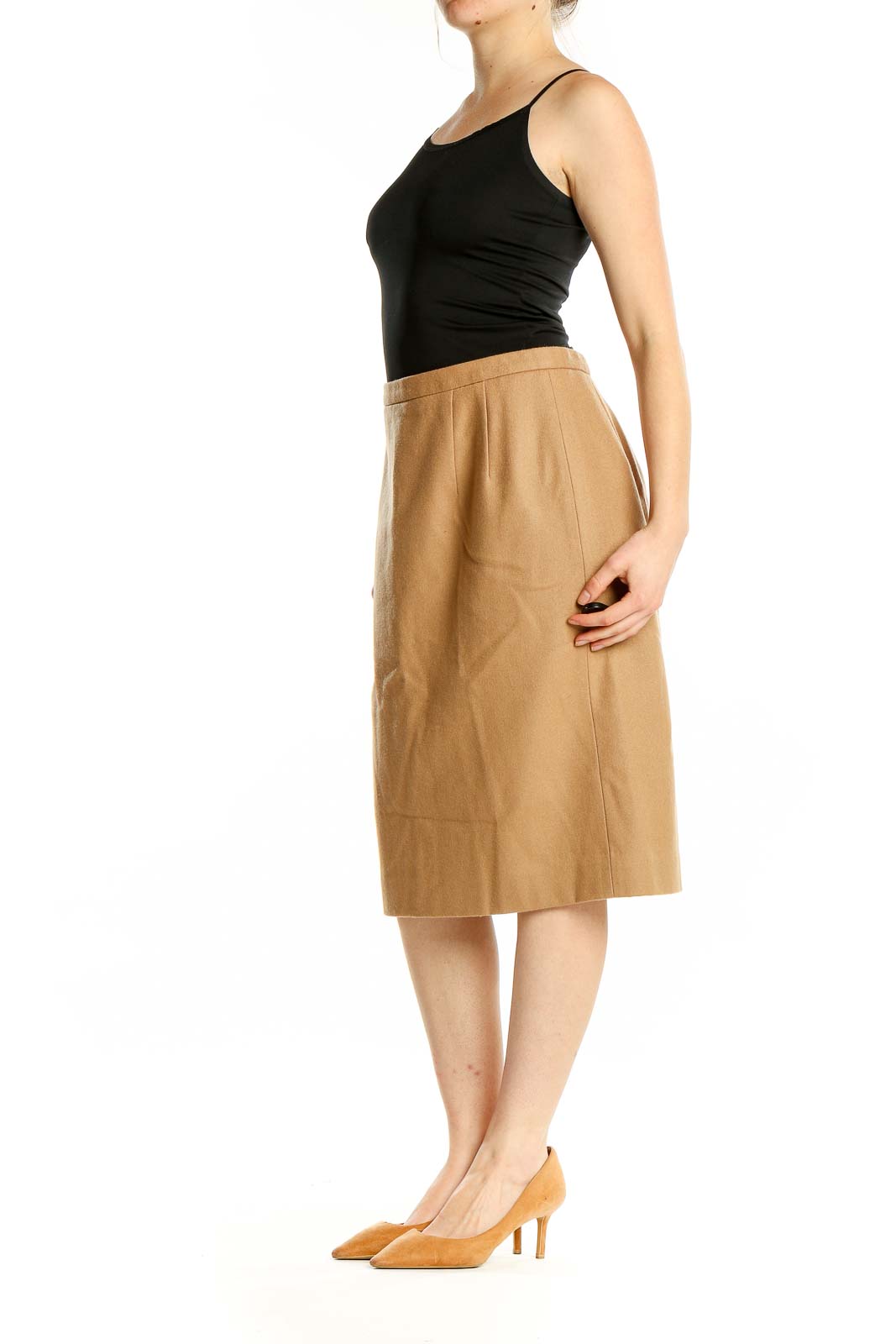 Front view of Pendleton camel virgin wool A-line midi skirt