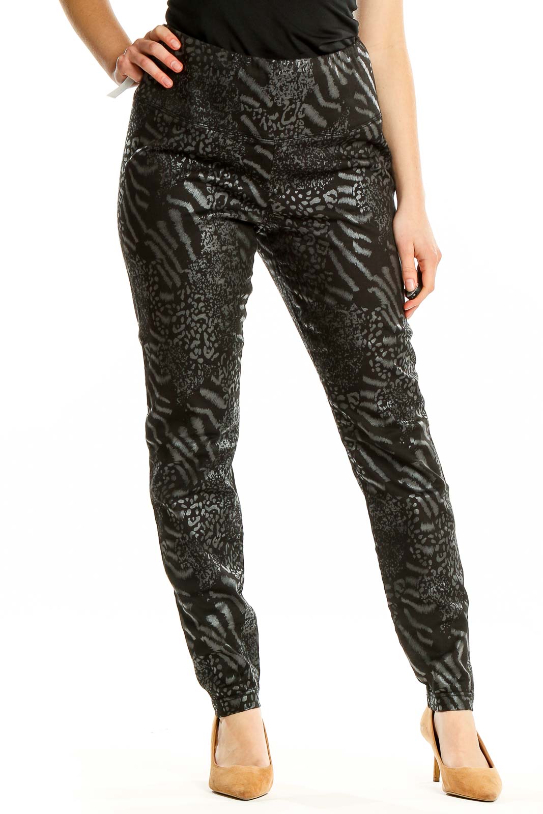 Front view of Black Animal Print Slim Fit Pants from White House Black Market