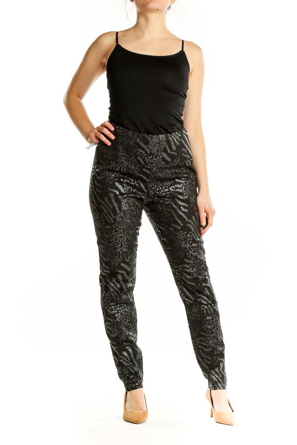 Front view of Black Animal Print Slim Fit Pants from White House Black Market