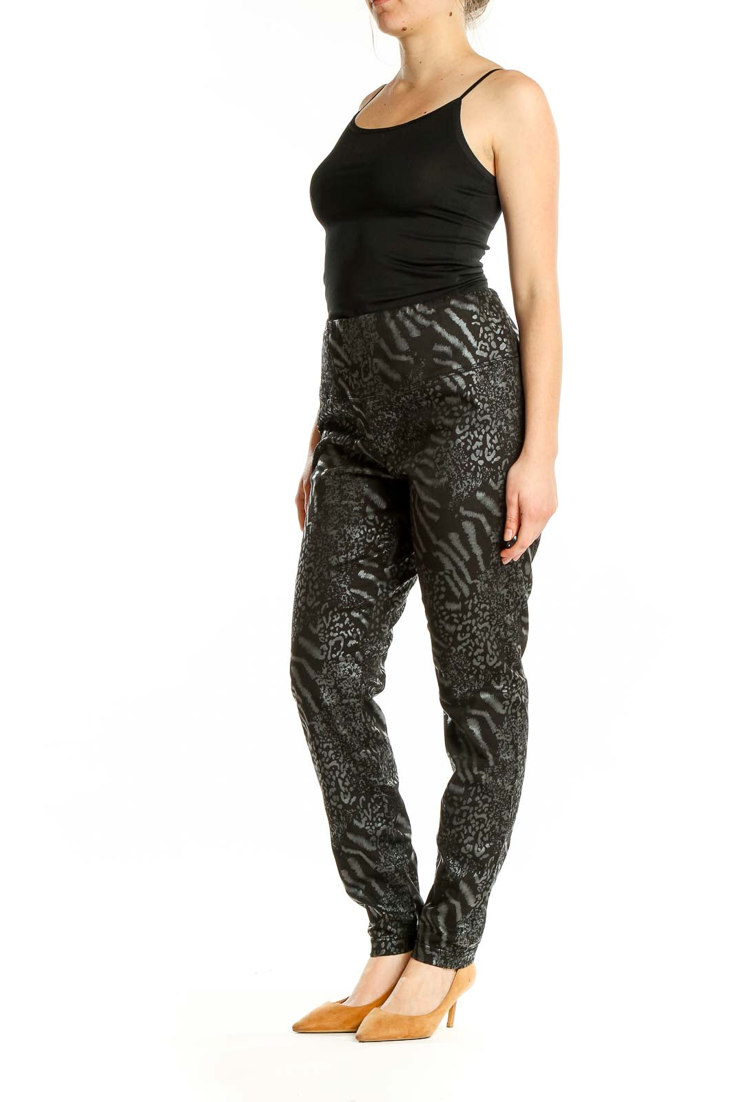 Front view of Black Animal Print Slim Fit Pants from White House Black Market