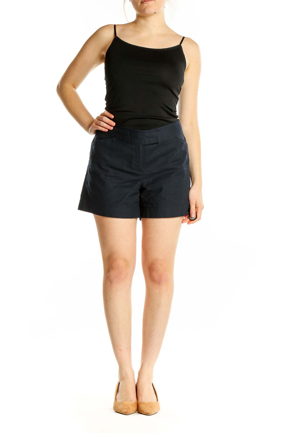 Front view of Ann Taylor navy tailored shorts on model