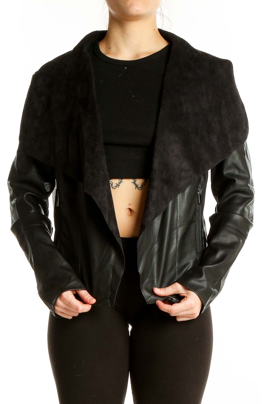 Front view of Bagatelle Black Faux Leather Draped Jacket on model