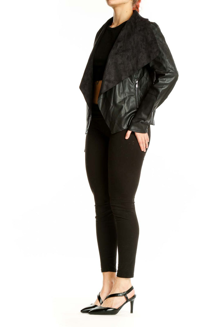 Front view of Bagatelle Black Faux Leather Draped Jacket on model