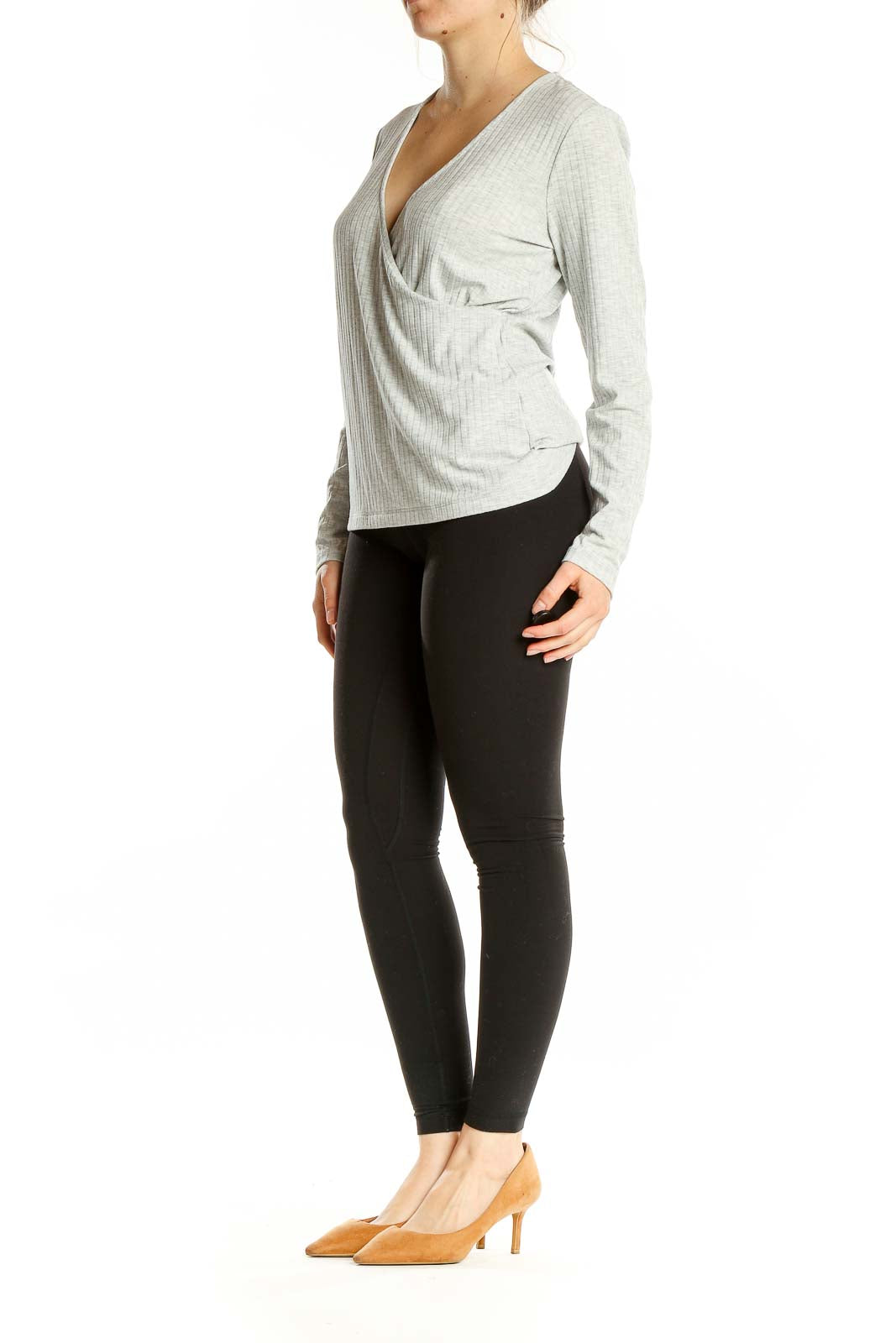 Front view of gray ribbed wrap top from Banana Republic