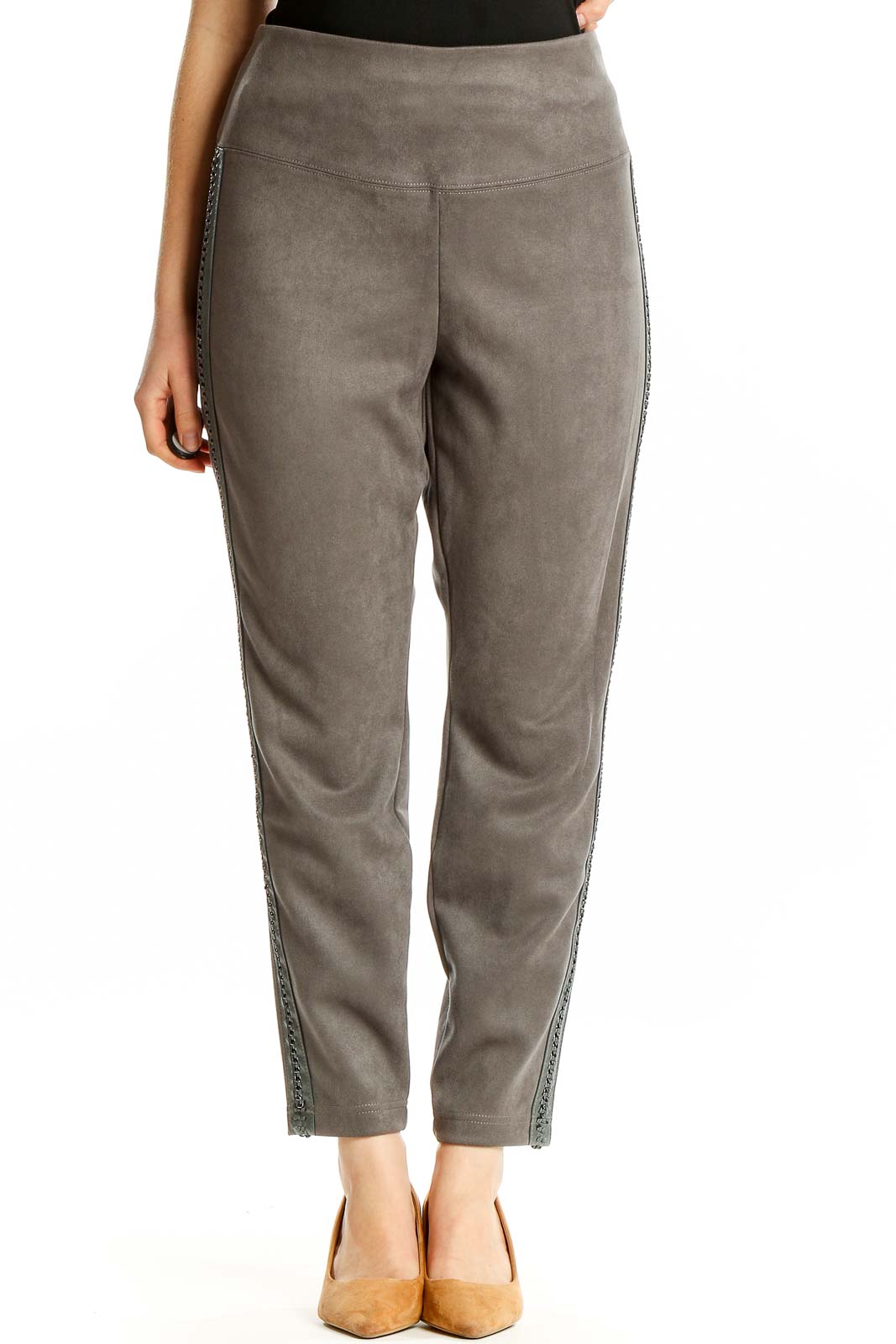 Front view of gray suede-like ankle pants with embellished sides from White House Black Market