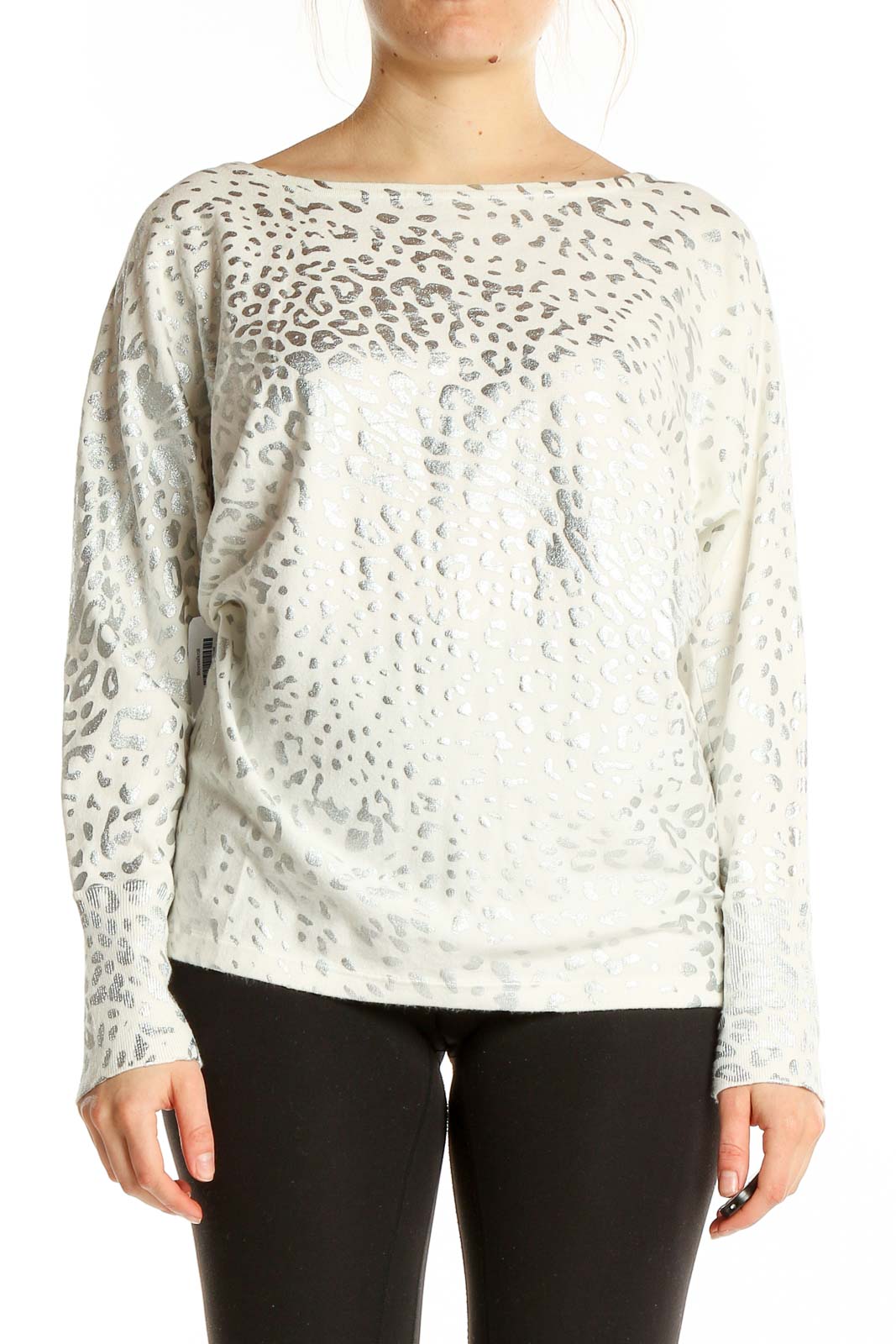 Front view of Boston Proper white leopard print long sleeve top with boat neckline