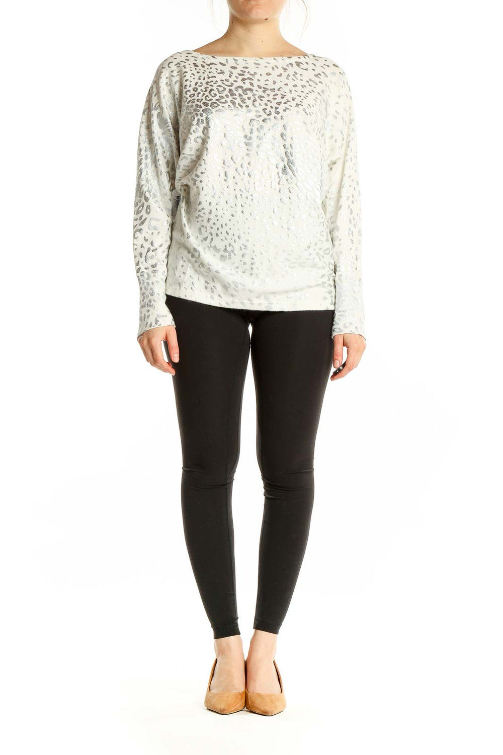 Front view of Boston Proper white leopard print long sleeve top with boat neckline