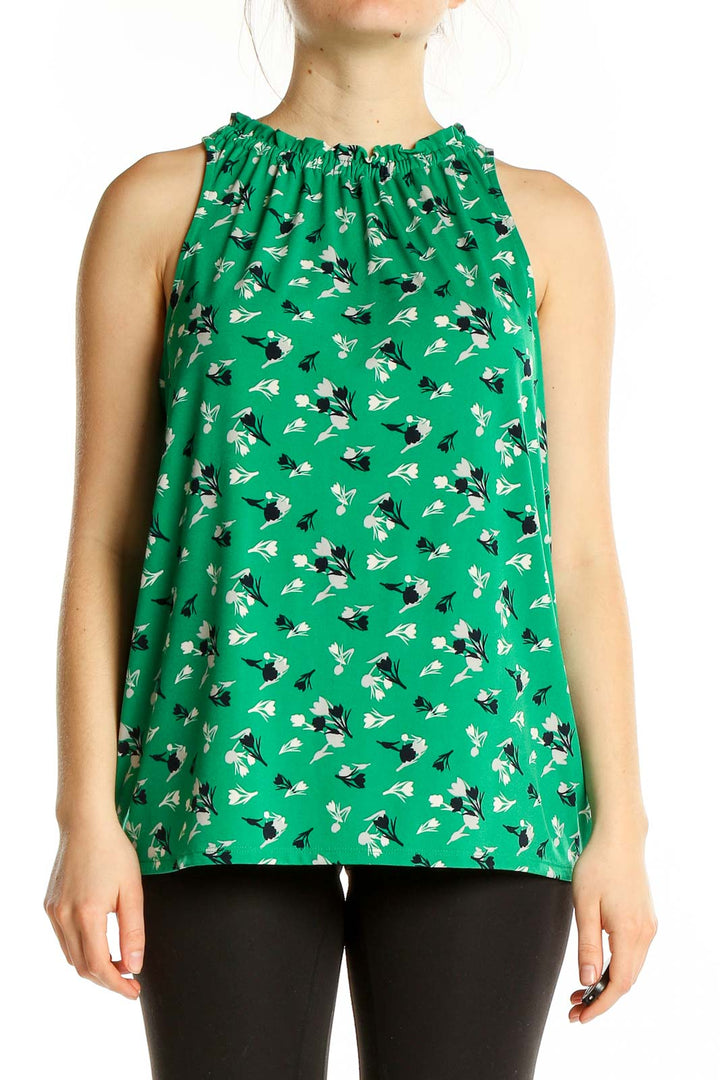 Front view of Banana Republic green floral print sleeveless blouse