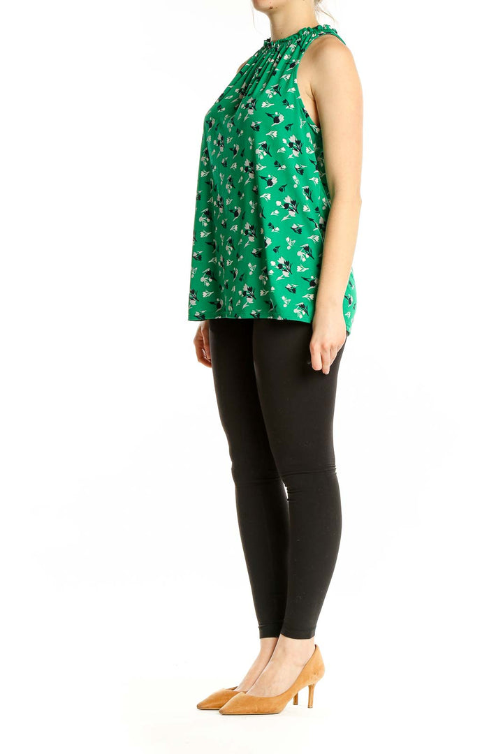 Front view of Banana Republic green floral print sleeveless blouse