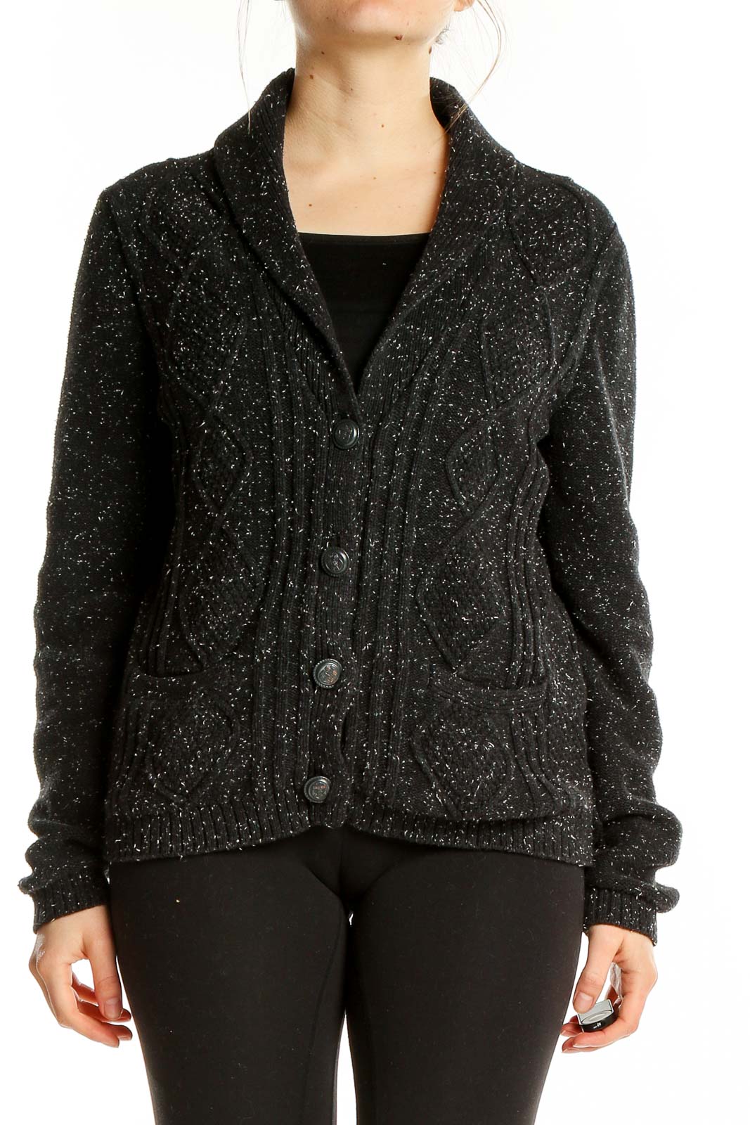 Front view of Lands' End black speckled cotton cardigan with button-front closure