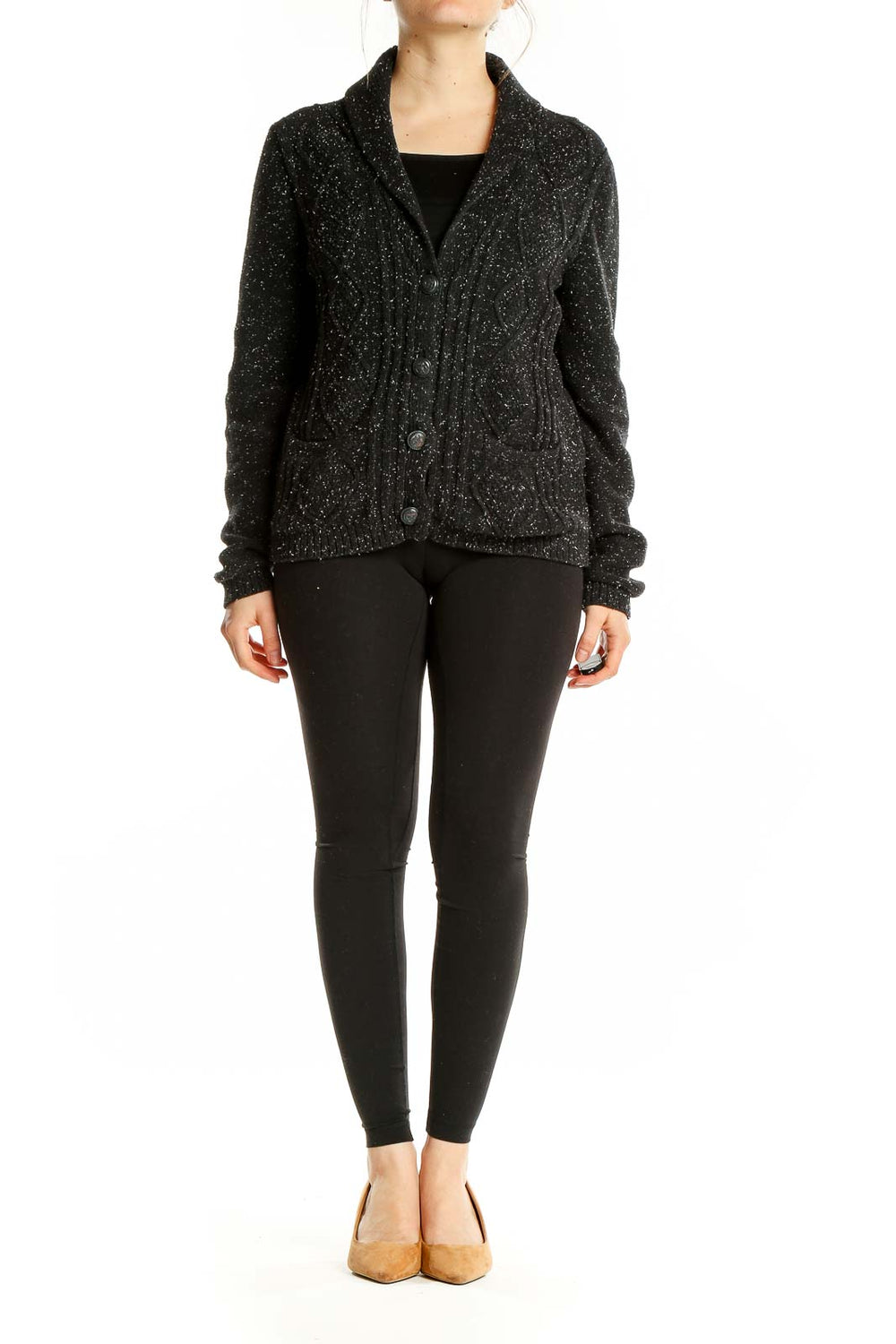 Front view of Lands' End black speckled cotton cardigan with button-front closure