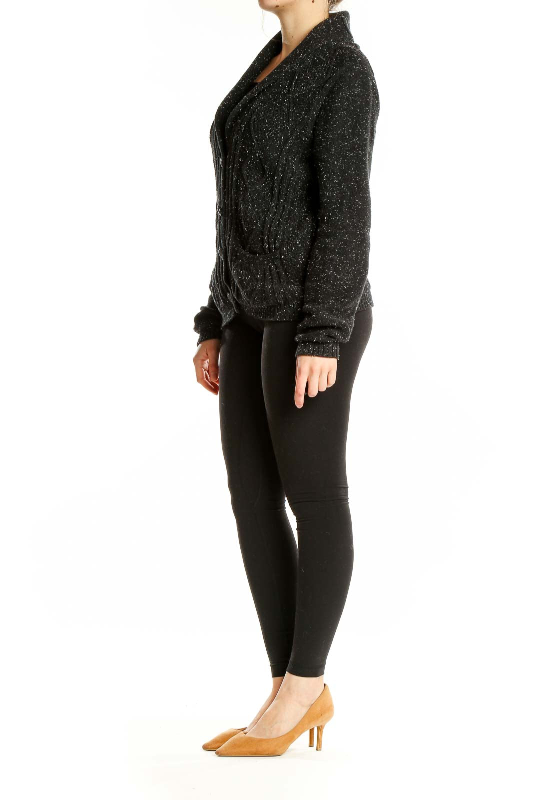 Front view of Lands' End black speckled cotton cardigan with button-front closure