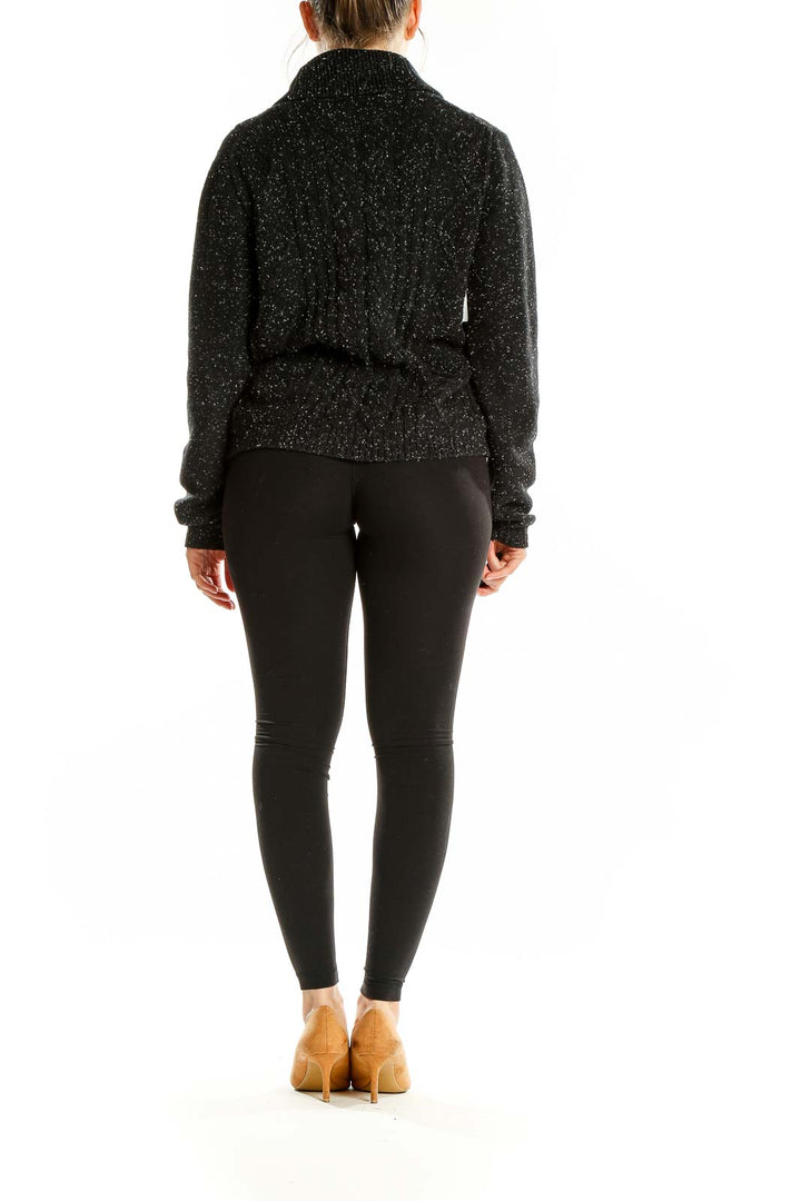 Back view of Lands' End black speckled cotton cardigan showing relaxed fit