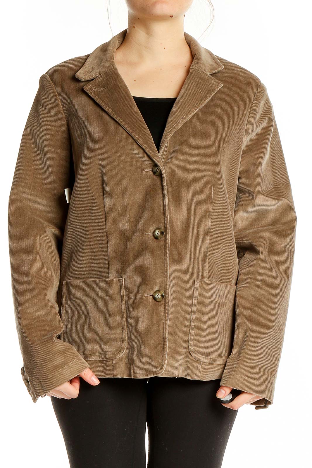 Front view of L.L.Bean tan corduroy blazer jacket