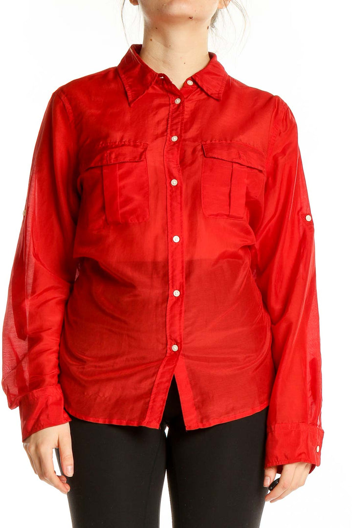 Front view of red Lauren Ralph Lauren button-up shirt with chest pockets