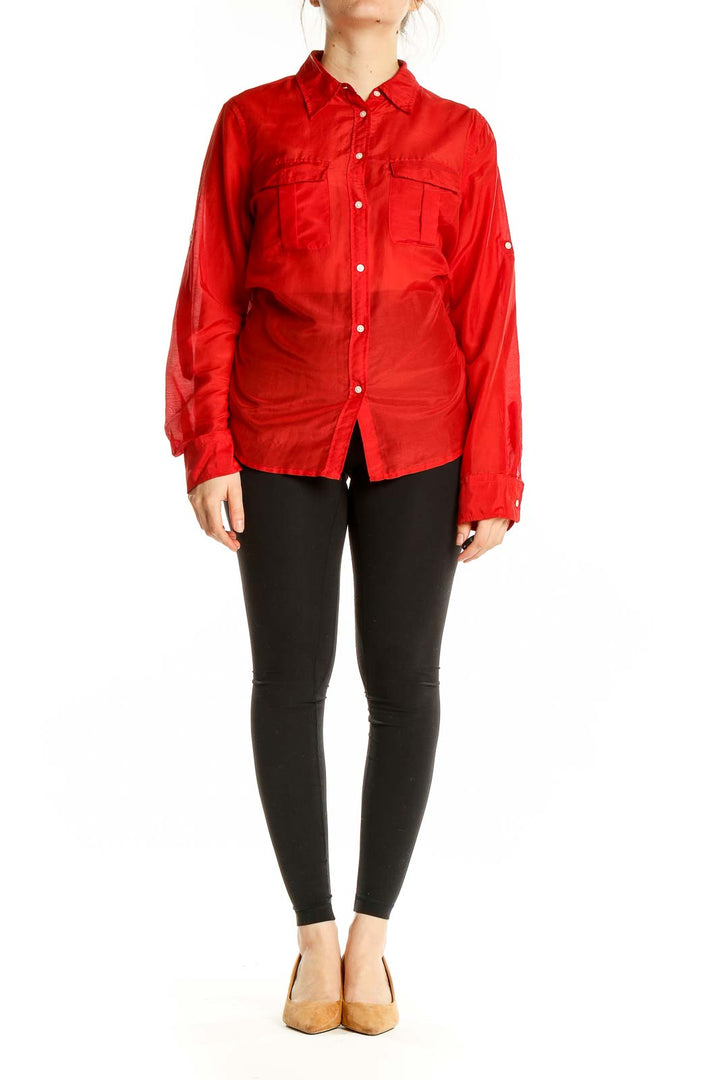 Front view of red Lauren Ralph Lauren button-up shirt with chest pockets