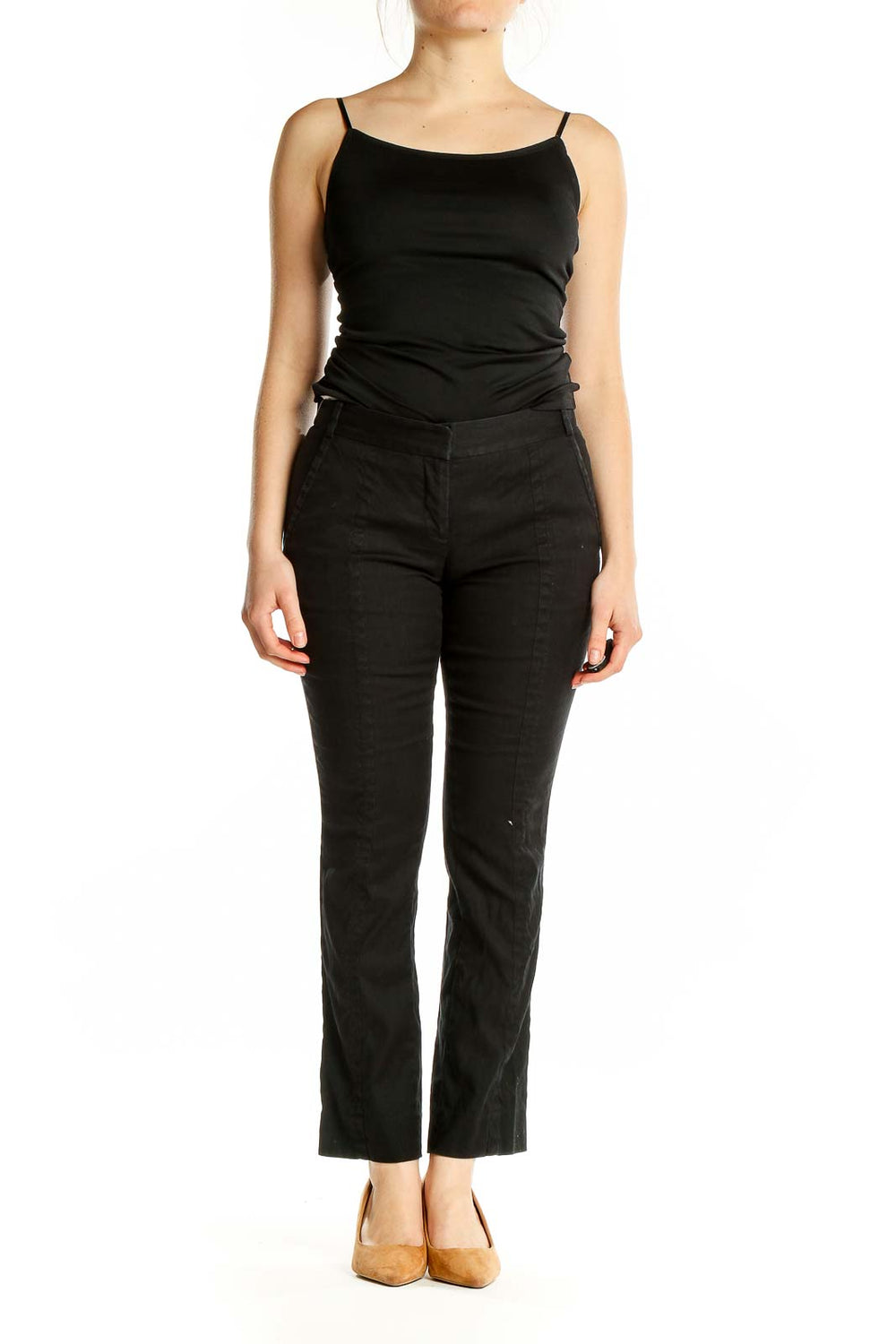 Front view of Diane von Furstenberg black straight leg trousers