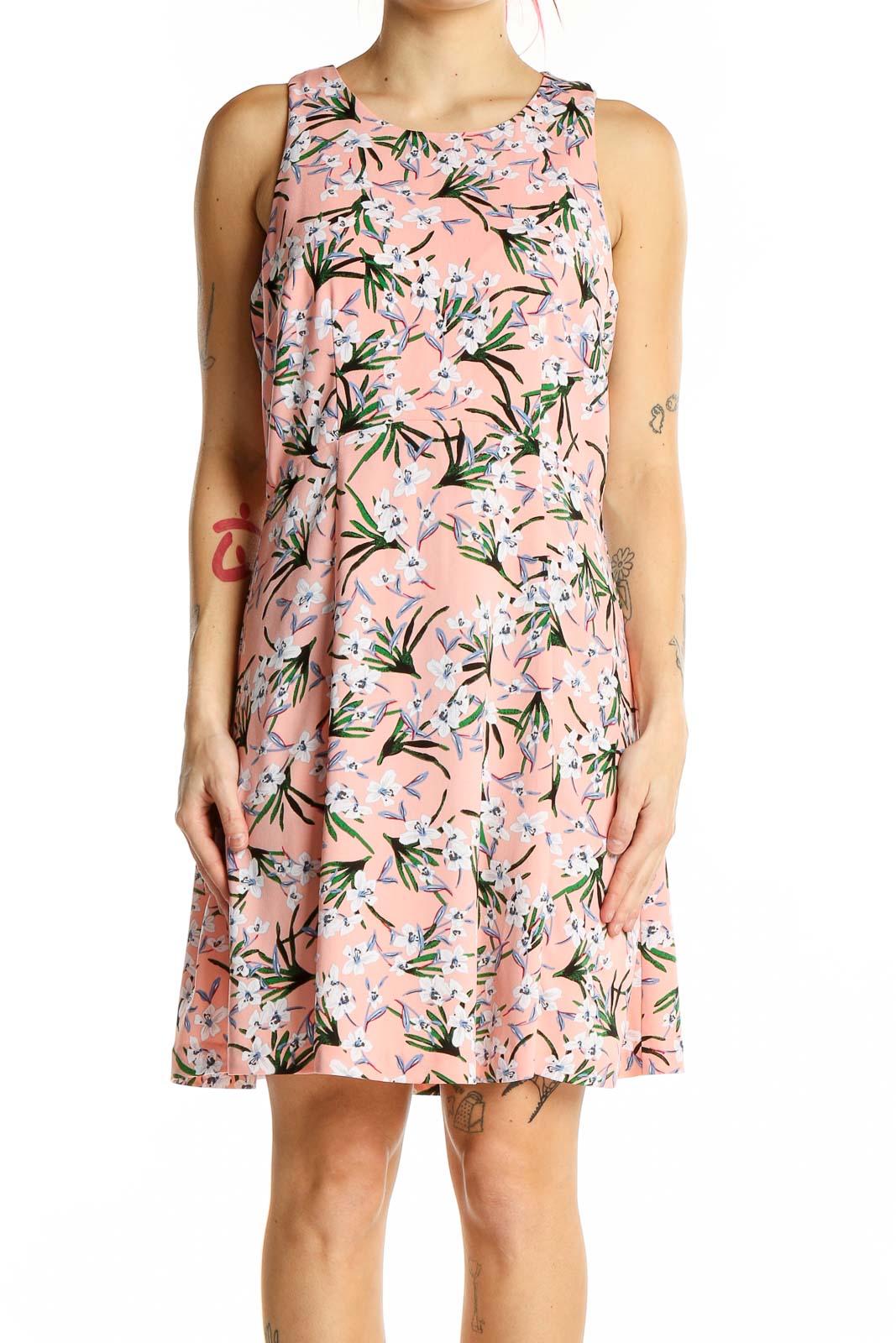 Front view of pink floral sleeveless A-line dress from Banana Republic