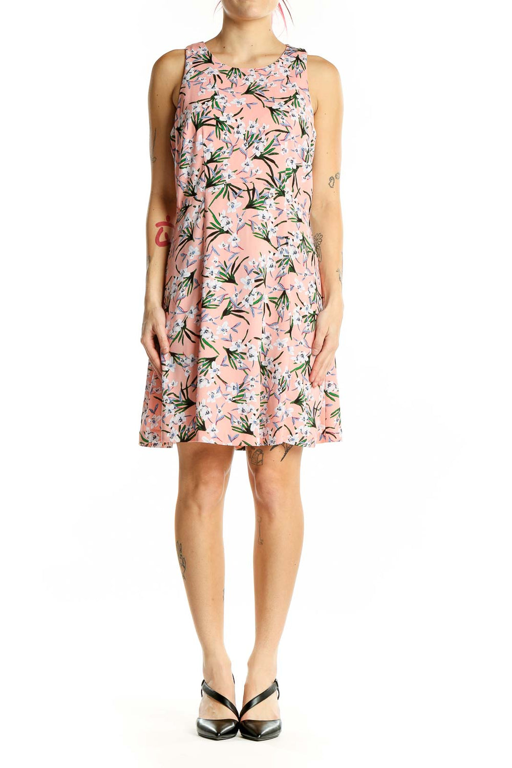 Front view of pink floral sleeveless A-line dress from Banana Republic