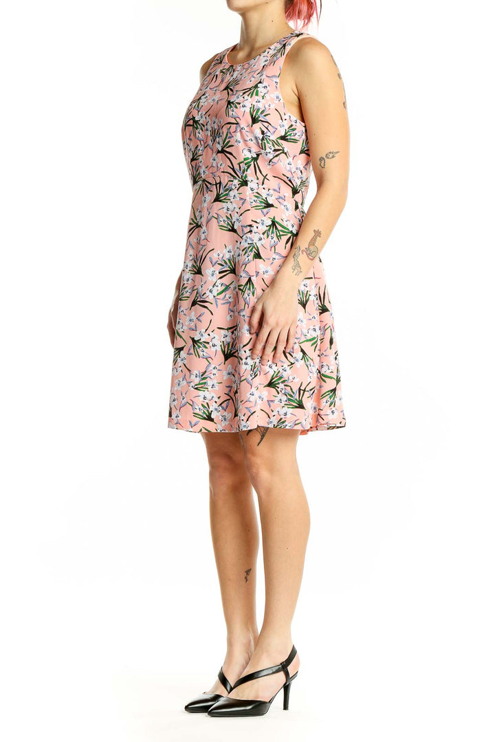 Front view of pink floral sleeveless A-line dress from Banana Republic