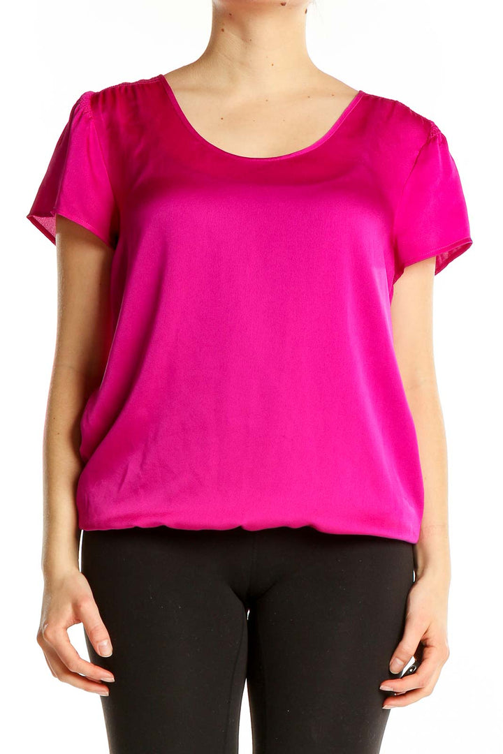 Front view of hot pink Ann Taylor short-sleeve blouse