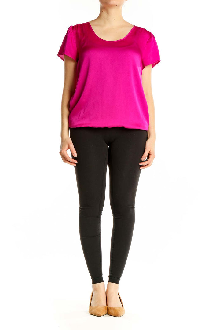 Front view of hot pink Ann Taylor short-sleeve blouse