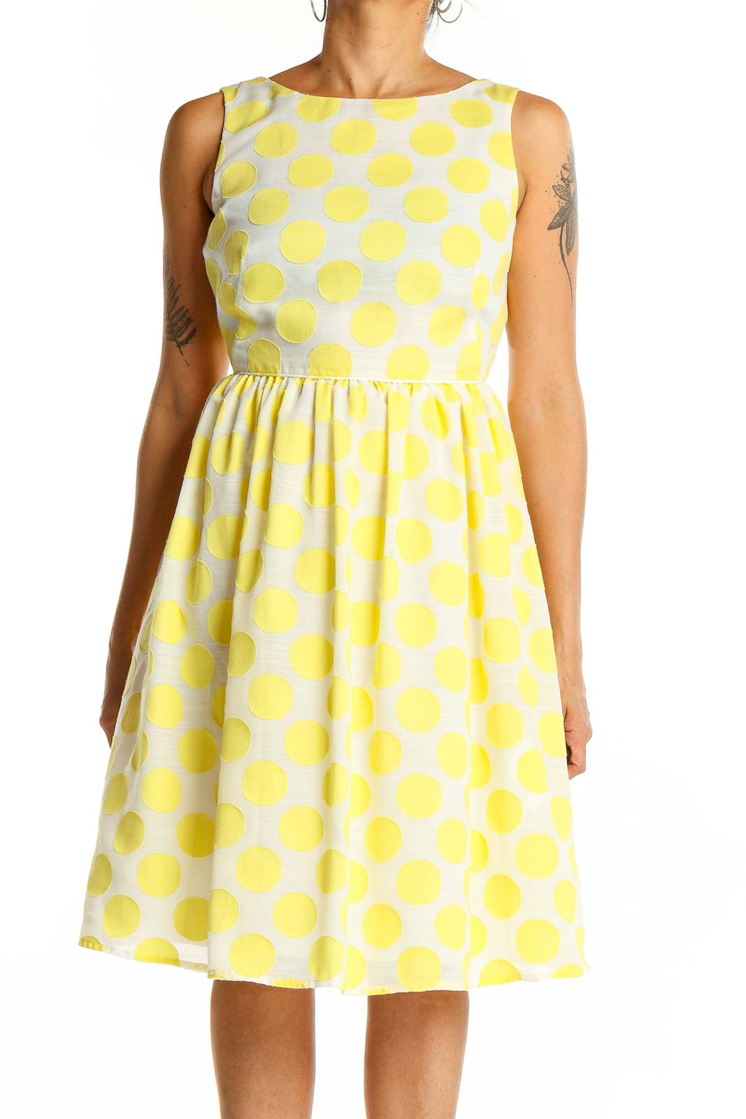 Front view of LOFT yellow polka dot sleeveless fit-and-flare dress