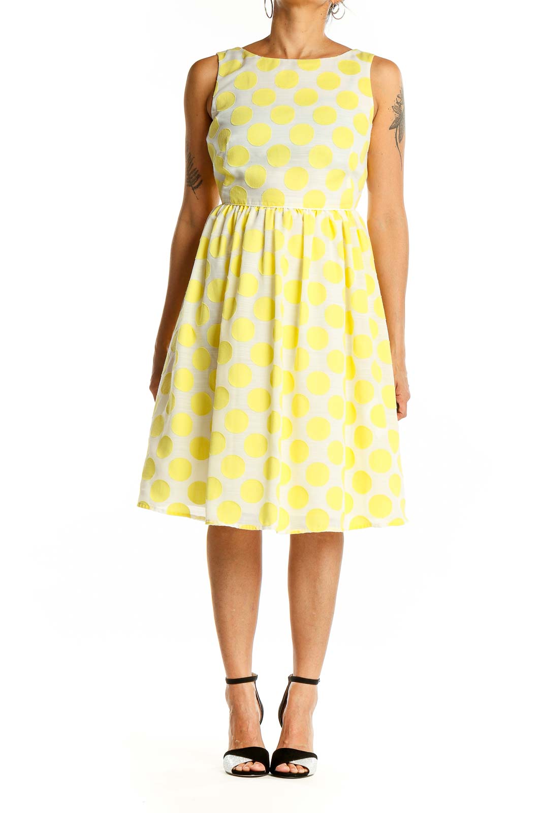 Front view of LOFT yellow polka dot sleeveless fit-and-flare dress