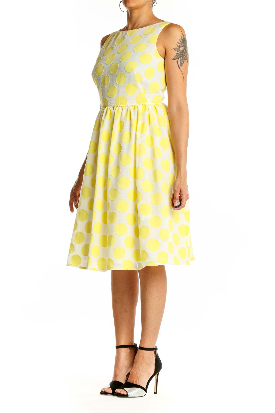 Front view of LOFT yellow polka dot sleeveless fit-and-flare dress