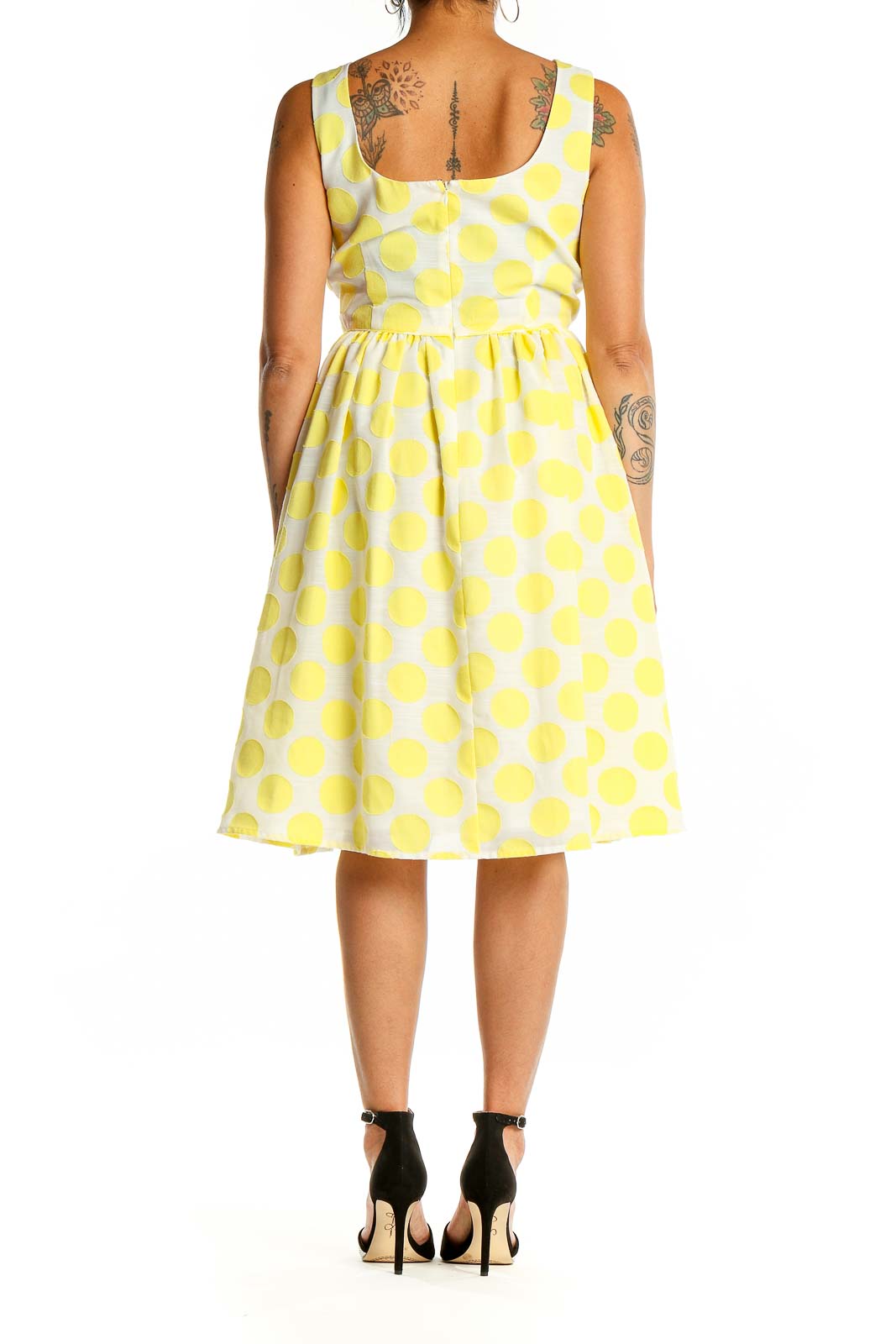 Back view of LOFT yellow polka dot sleeveless fit-and-flare dress