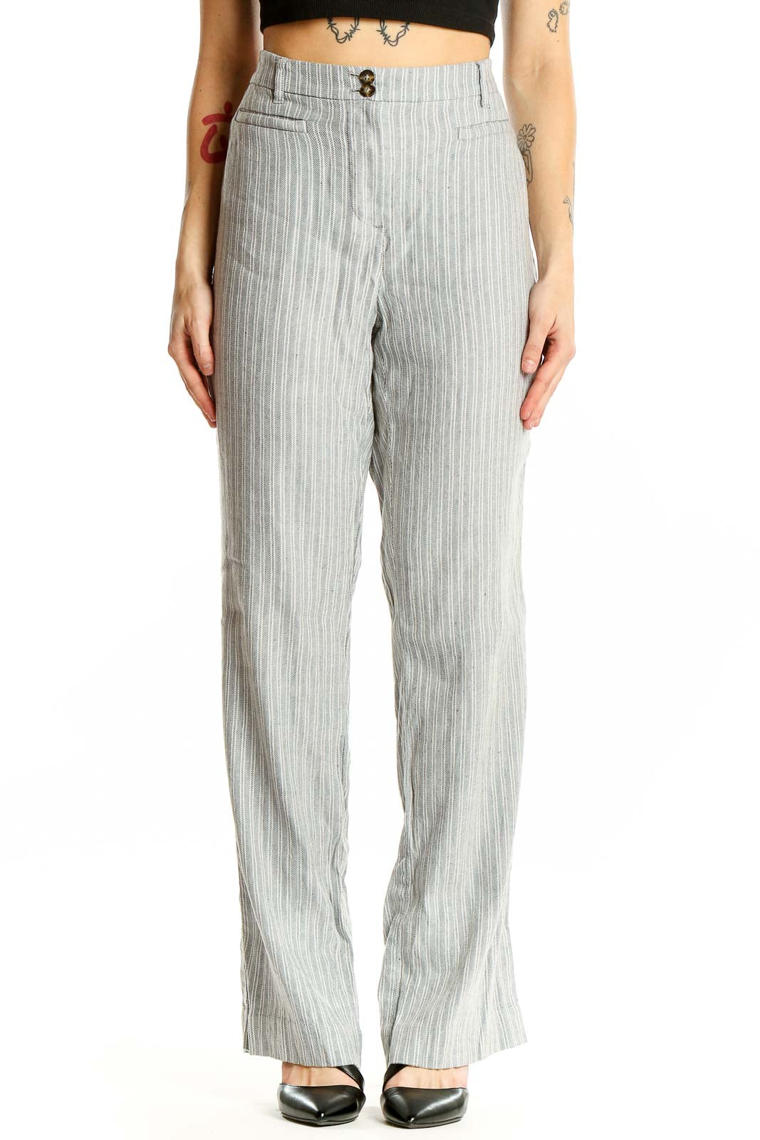 Front view of J.Jill gray striped wide-leg linen blend pants