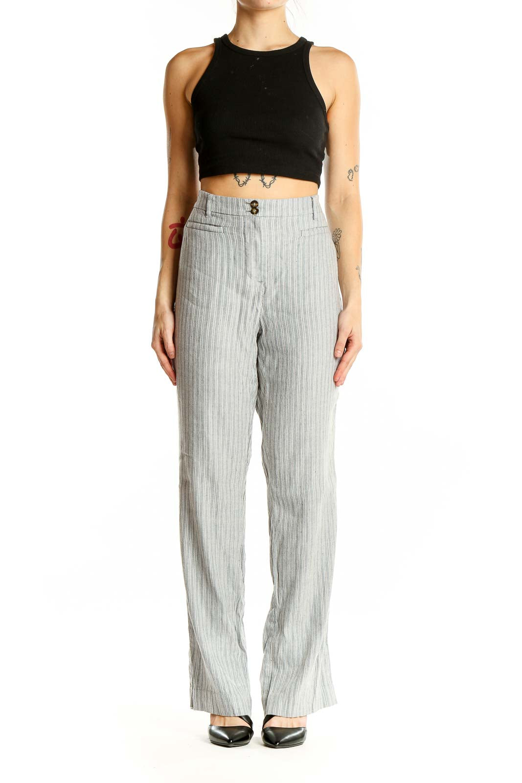 Front view of J.Jill gray striped wide-leg linen blend pants