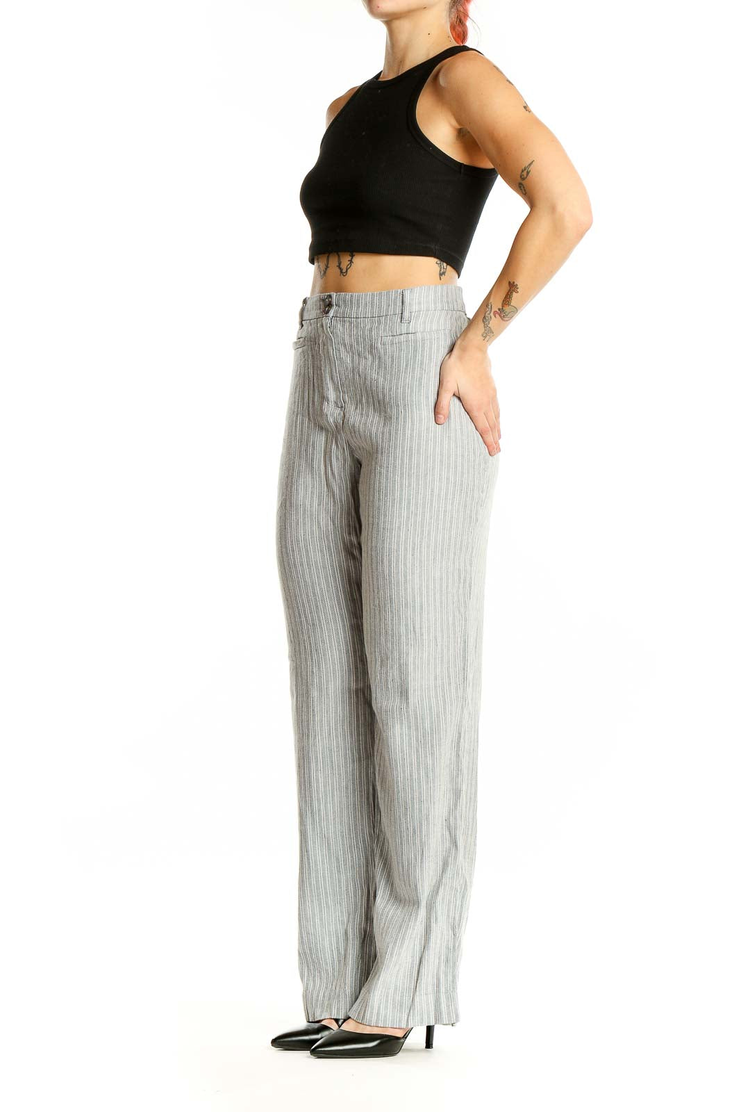 Front view of J.Jill gray striped wide-leg linen blend pants