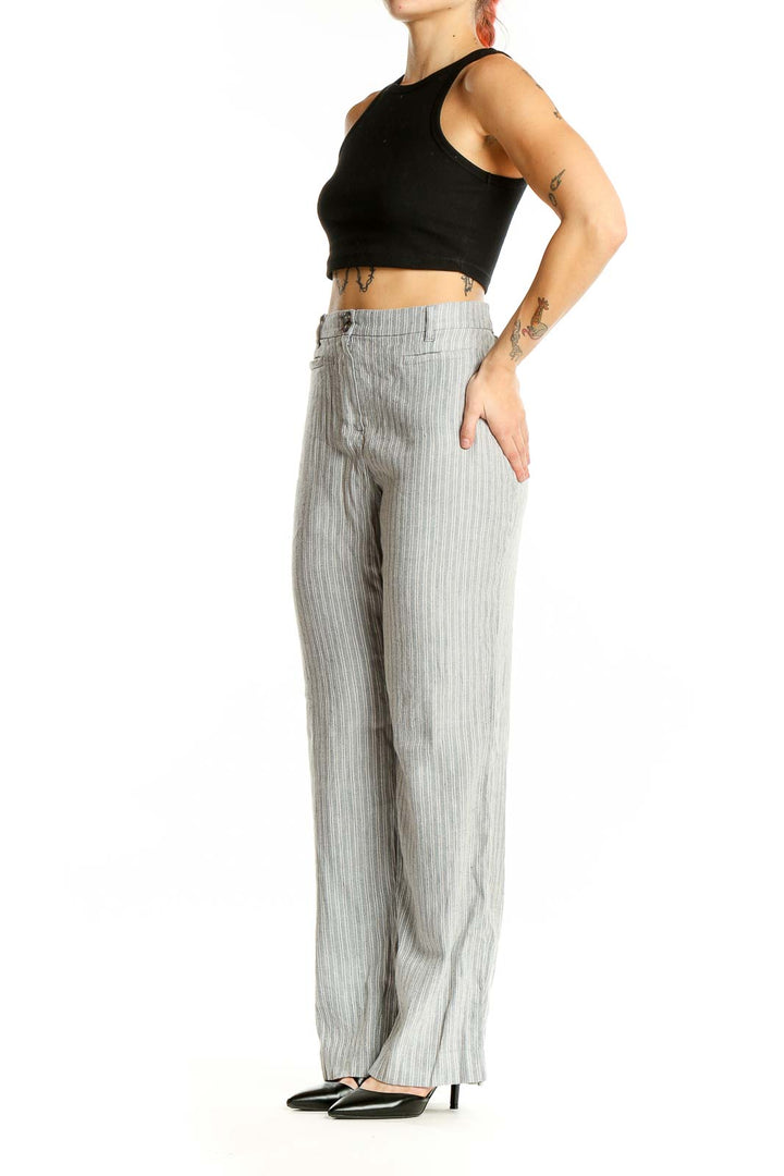 Front view of J.Jill gray striped wide-leg linen blend pants