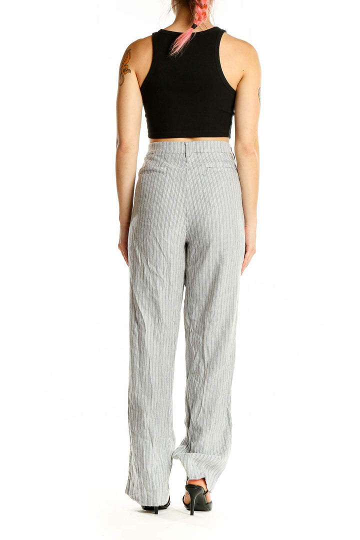 Back view of J.Jill gray striped wide-leg linen blend pants on model