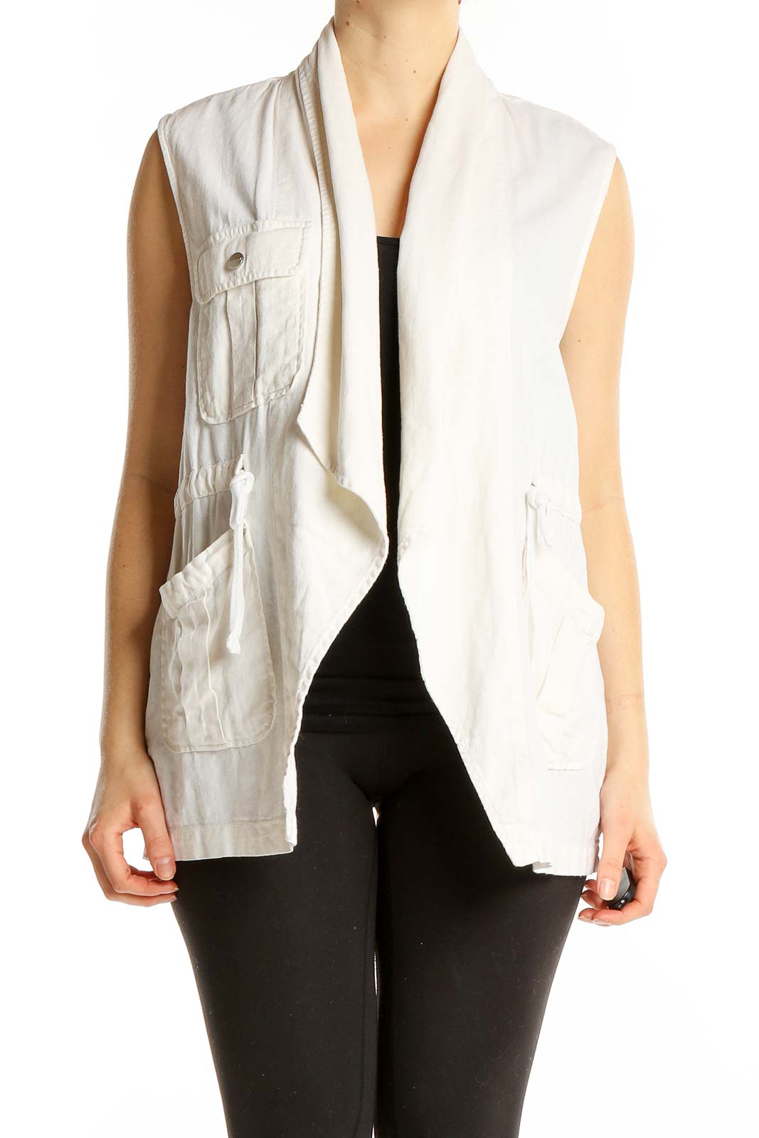 Front view of Sanctuary white linen blend draped vest with multiple pockets