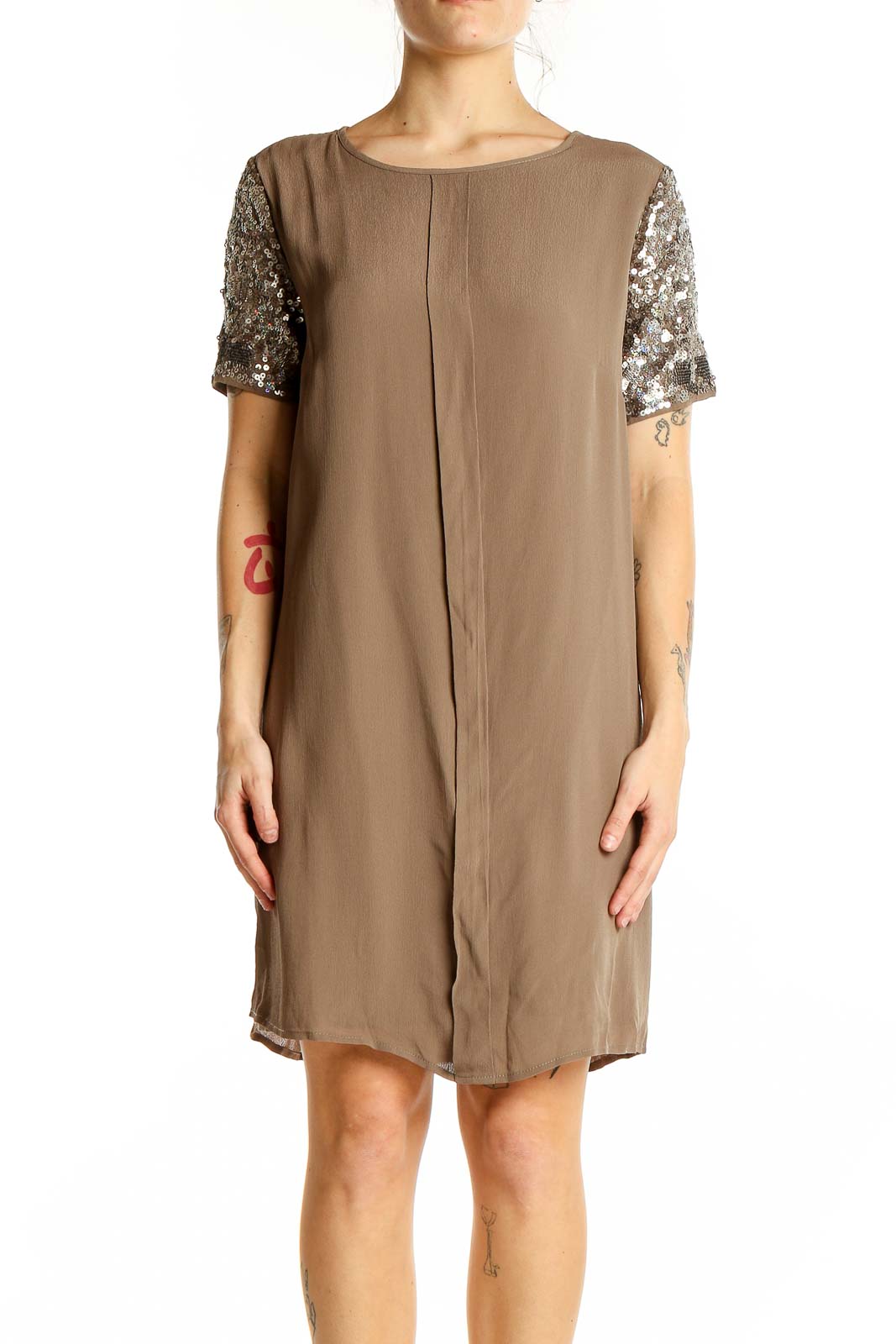 Front view of taupe Chelsea & Violet shift dress with sequin sleeves