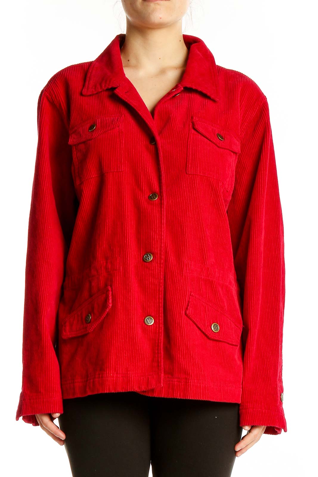 Front view of red corduroy button-up jacket by Christopher & Banks