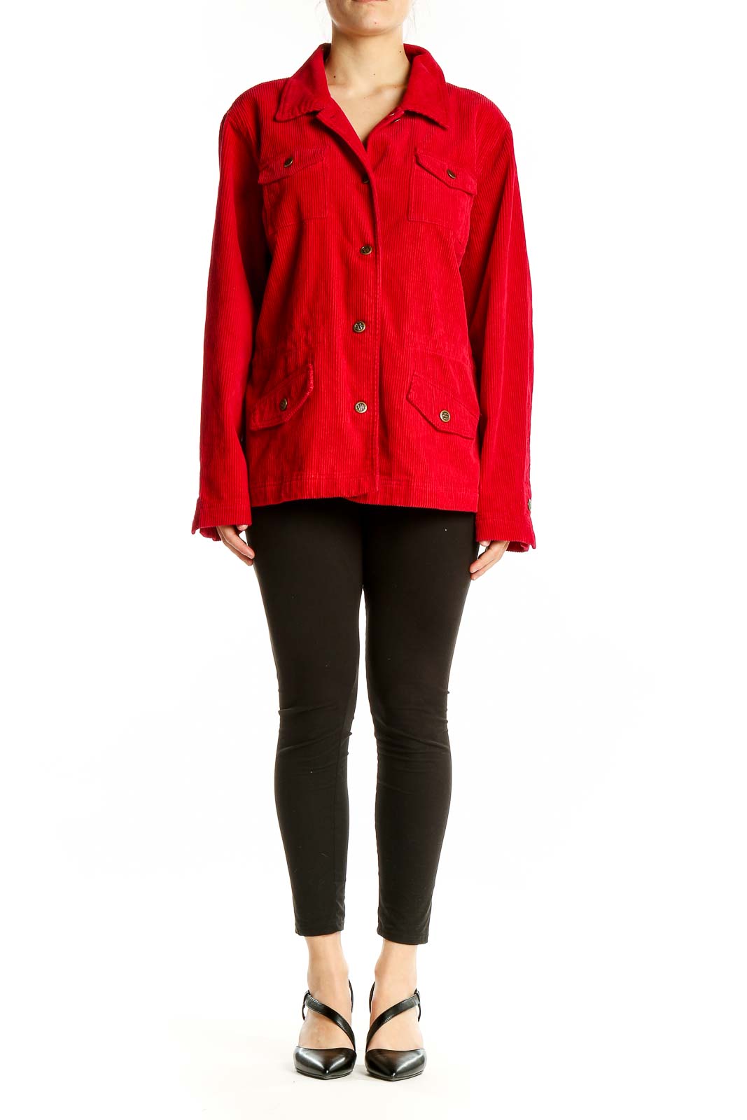 Front view of red corduroy button-up jacket by Christopher & Banks