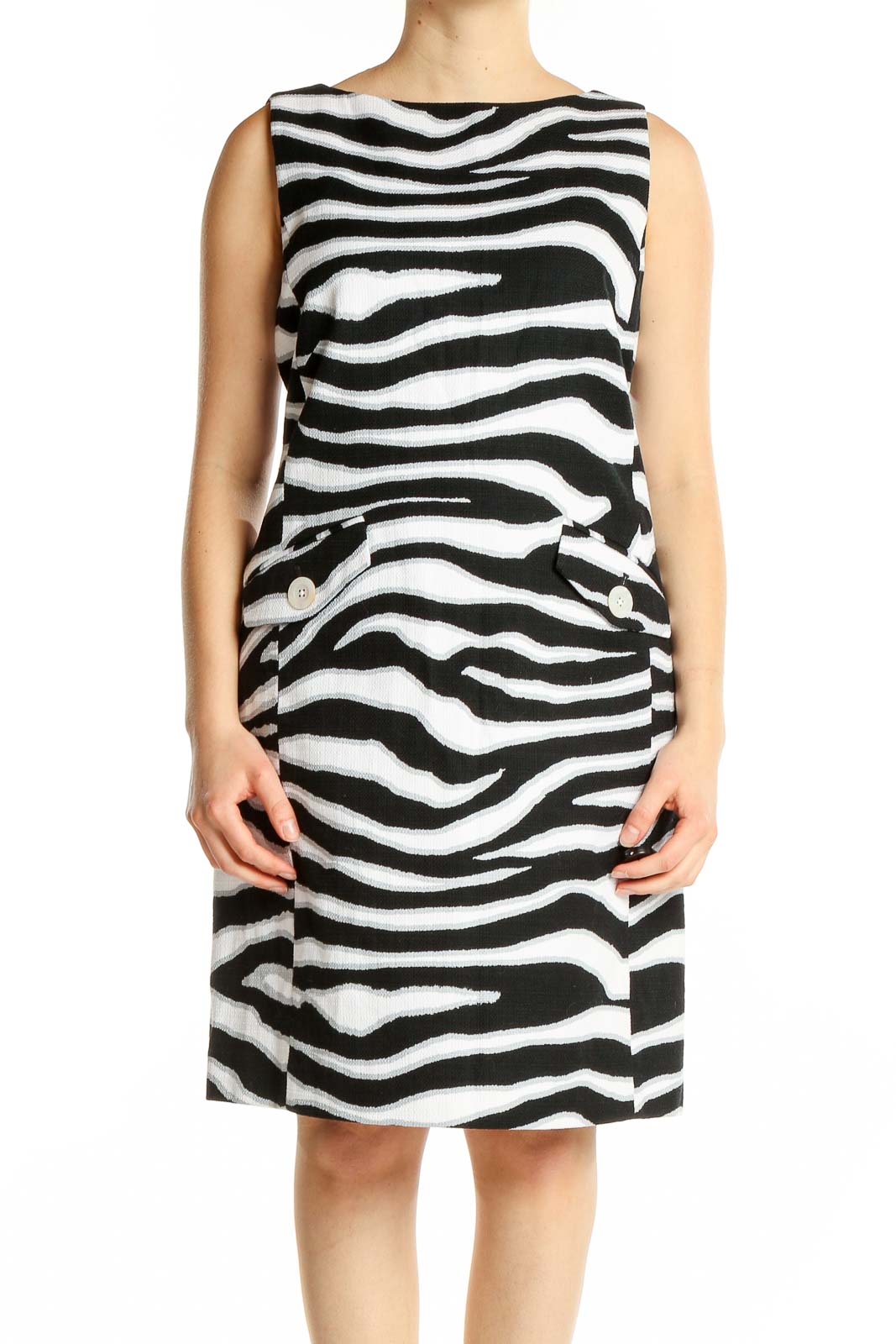 Front view of Brooks Brothers Black and White Zebra Print Sleeveless Dress