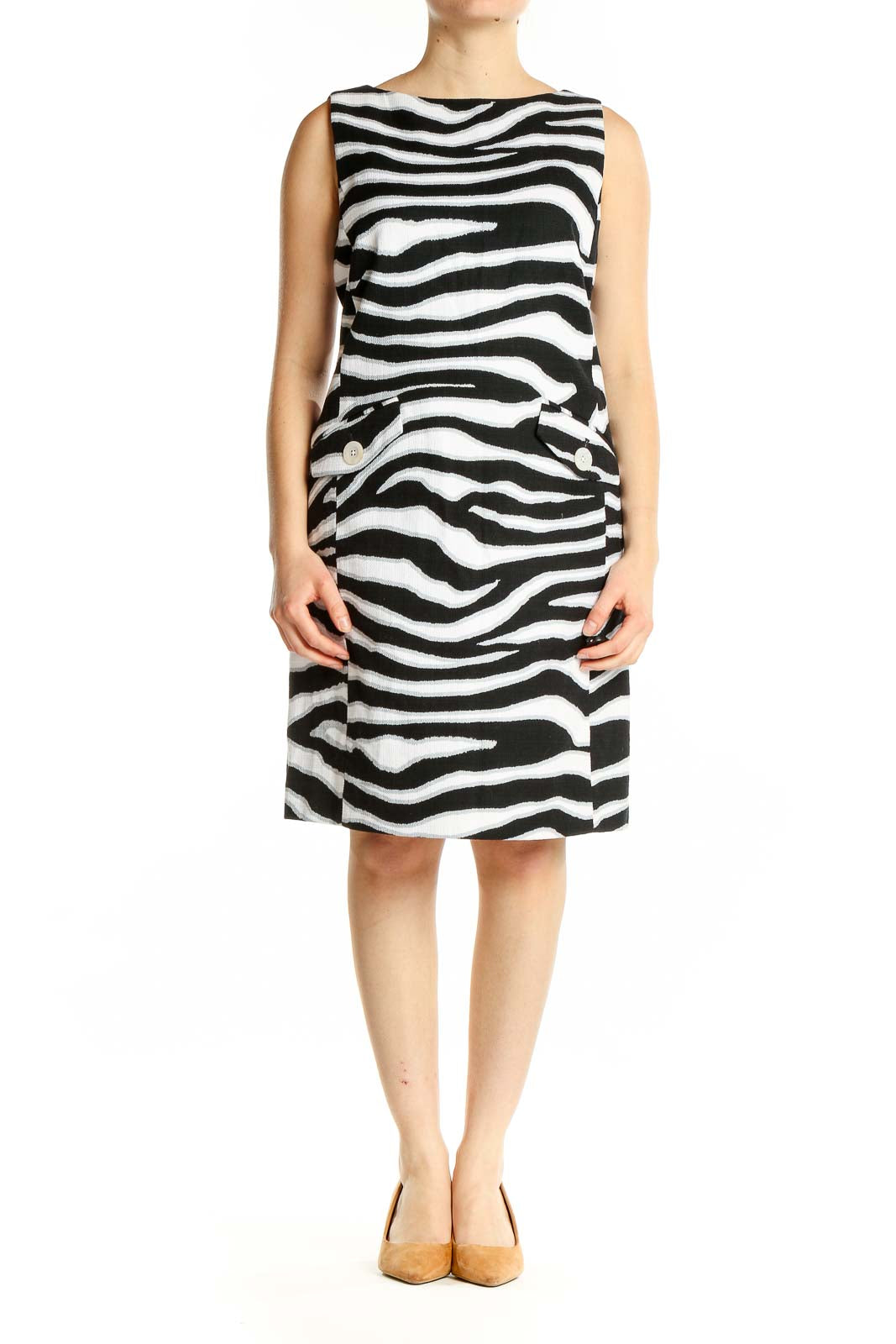 Front view of Brooks Brothers Black and White Zebra Print Sleeveless Dress