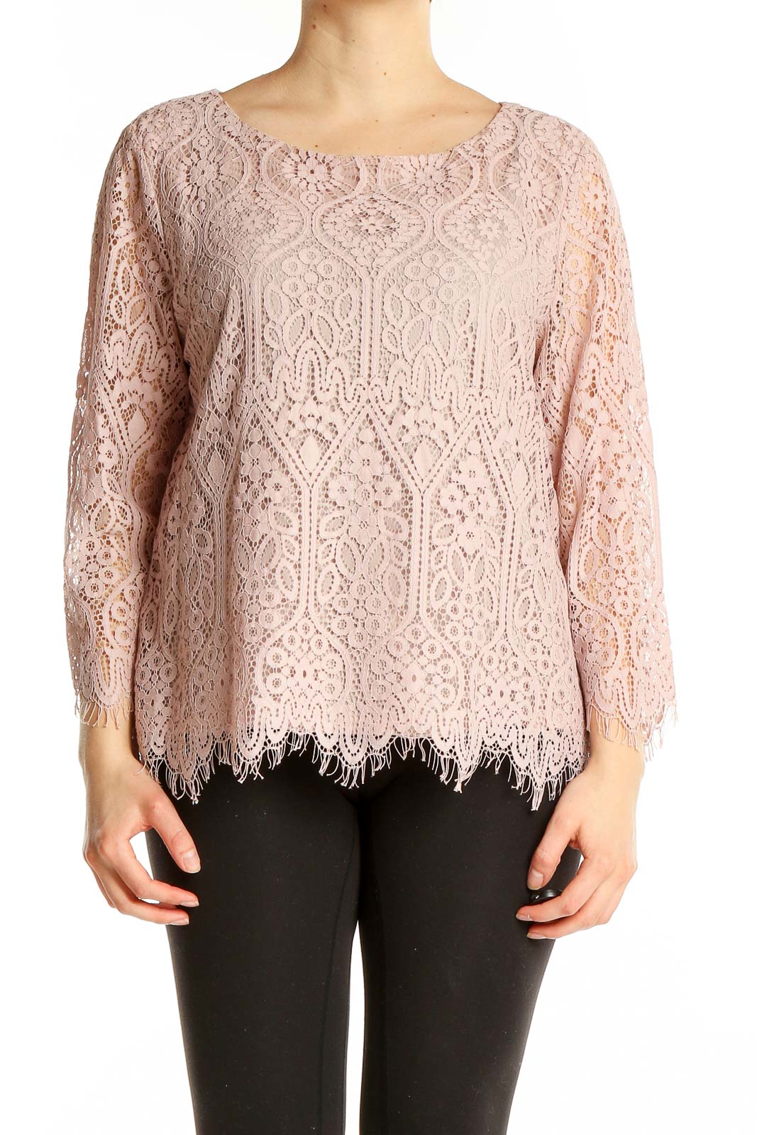 Front view of Ann Taylor LOFT blush pink lace top with long sleeves